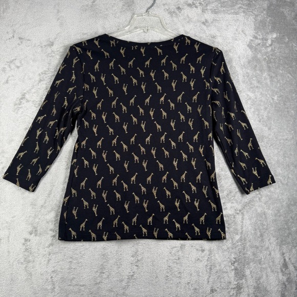 Karen‎ Scott Shirt Black Gold Giraffe Print 3/4 Sleeve Novelty Size Large Petite - Picture 3 of 8